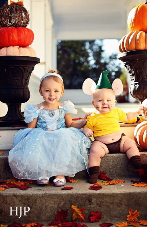 Baby Gus Gus Costume Diy, Gus Mouse Costume, Cinderella And Gus Gus, Gus Costume Cinderella, Cinderella And Mouse Costume, Snow White And Dopey, Gus Gus Halloween Costume, Cinderella Sibling Costumes, Big Sister And Baby Brother Halloween