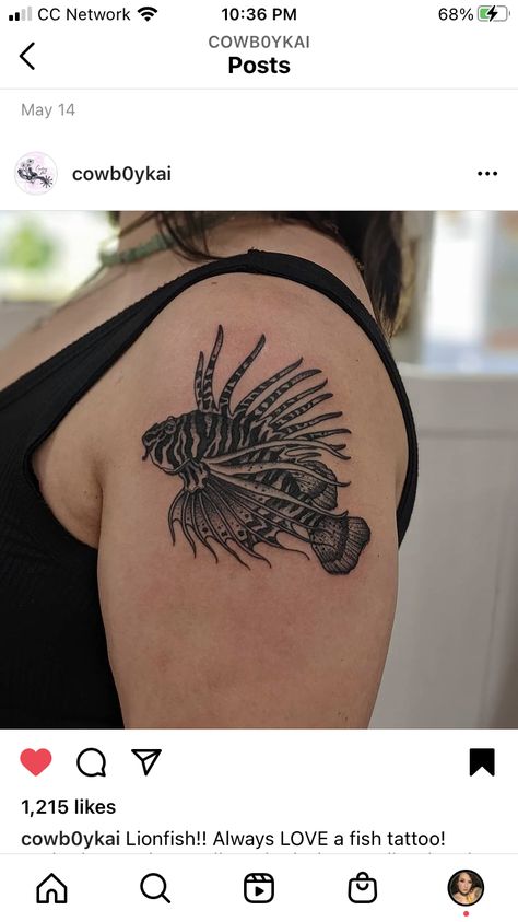 Lion Fish Tattoo, Lionfish Tattoo, Pufferfish Elbow Tattoo, Traditional Sea Creature Tattoo, Skeleton Fish Tattoo, Nudibranch Tattoo, Sealife Tattoos, Blackwork Ocean Tattoo, Sea Creature Tattoo