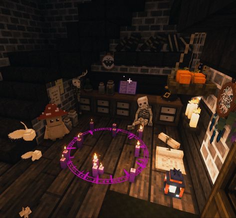 Witch Interiors Minecraft, Minecraft Fortune Teller, Witches Room Minecraft, Witch Home Minecraft, Minecraft Fairycore Interior, Minecraft Witch Interior Design, Minecraft Witch Aesthetic, Witch Room Minecraft, Minecraft Haunted House Interior