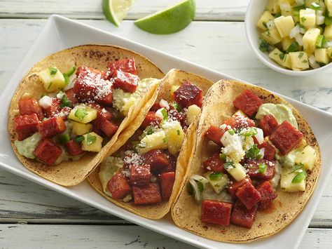 Barbeque SPAM® Jalapeño Tacos with Pineapple Salsa | SPAM® Brand Spam Pineapple, Spicy Barbeque Sauce, Olive Garden Salad Recipe, Tacos With Pineapple Salsa, Garden Salad Recipe, Tacos With Pineapple, Pastor Tacos, Amish Sugar Cookies, Spam Recipes