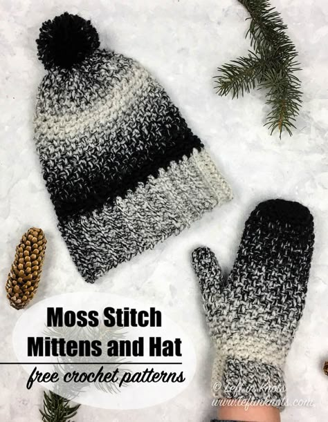 Use this free crochet pattern to make modern textured crochet mittens using Lion Brand Scarfie yarn and the moss stitch.  This yarn creates an ombre effect and this pattern uses just less than half of a skein.  The Cookies and Cream Mittens are part of the Seven Days of Scarfie 2018 Pattern Collection available at leftinknot.com where you can also find a matching hat and cowl.  #crochet #freecrochetpattern #crochetmittens #scarfie Crochet Cookies, One Skein Projects, Scarfie Yarn, Crochet Mittens Pattern, One Skein Crochet, Crochet Scarf Pattern Free, Winter Crochet, Crochet Hat Patterns, Crochet Beanies