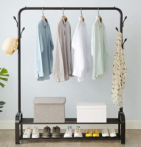 Retail Clothing Display, Clothes Rail With Shelves, Furniture Store Interior, Clothing Rail, Standing Clothes Rack, Hanging Clothes Rail, Rails Clothing, Shoe Rack With Shelf, How To Store Shoes