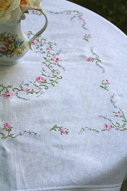 . Romantic Home, Embroidered Cross, Vintage Cross Stitch, Cottage Charm, Hand Flowers, Cross Stitches, Vintage Cross Stitches, Linens And Lace, Romantic Homes