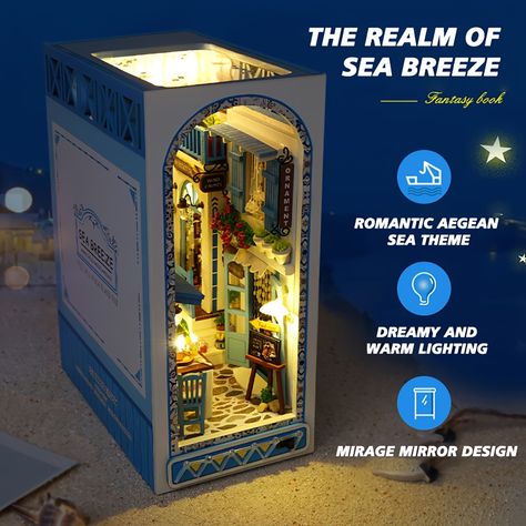 3d Wooden Puzzle Diy Book Nook Kit Aegean Sea Breeze Theme - Temu Whimsical Bookshelf, Bookshelf Insert, Shelf Insert, Cozy Library, Mini Dollhouse, Magic House, Japanese Sakura, Book Corners, Elizabeth Craft Designs