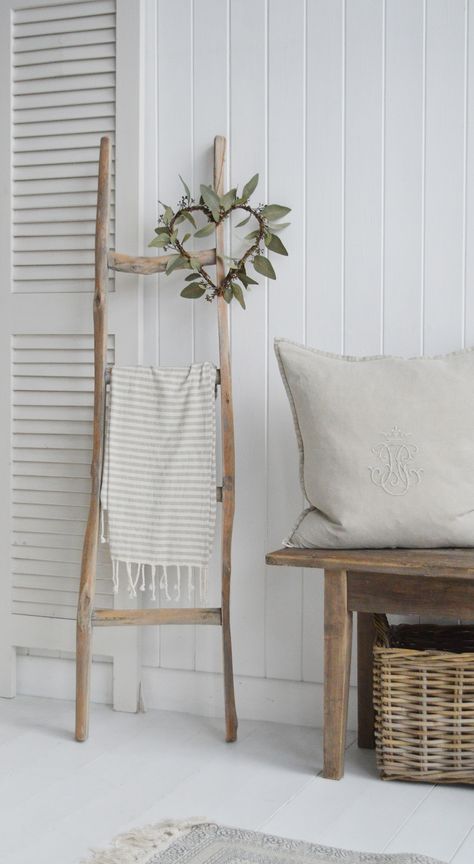 Grey Wooden Driftwood blanket ladder - Coastal, Beach House and Hampton Style Furniture Coastal Country, Mermaid Room, Hampton Style, Coastal Beach House, Blanket Ladder, Cosy Living Room, Wood Room, Coastal Furniture, 2024 Christmas