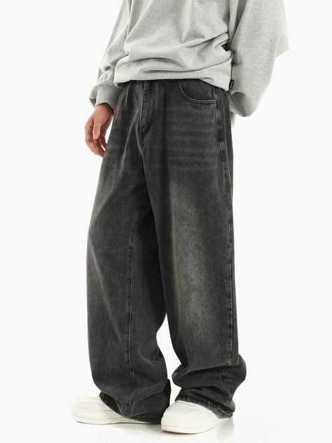 Grey Denim Pants Outfit, Faded Jeans Outfit, Denim Pants Outfit, Gray Denim Pants, Wide Leg Jeans Outfit, Jeans Outfit Men, Pants Outfit Men, Modern Streetwear, Y2k Pants