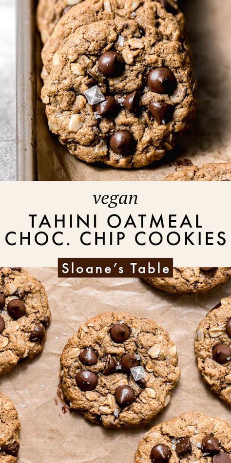 These vegan tahini oatmeal chocolate chip cookies are loaded with oats and chocolate, but are refined sugar free and easily gluten free! Egg Substitute For Cookies, Tahini Oatmeal, Healthy Oat Cookies, Oats And Chocolate, Oat Chocolate Chip Cookies, Vegan Egg Substitute, Tahini Cookies, Vegan Oatmeal, Oatmeal Cookies Chewy