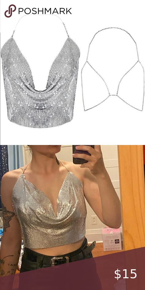 Shiny and Bling Tank Top Sparkly Tank Top Outfit, Crystal Body Chain, Chain Crop Top, Sparkly Tank Top, Saree Blouse Styles, Reference Board, Crop Top Shirt, Crop Top Designs, Chain Women