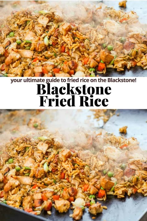 Blackstone Fried Rice - The BEST Blackstone Fried Rice that can be made with chicken, shrimp or veggie-style with the most amazing sauce - get this on your menu! #blackstonefriedrice #blackstonefriedricerecipe #blackstonefriedricerecipehibachi #blackstonefriedricechicken Blackstone Grill Chicken Fried Rice, Blackstone Pork Fried Rice, Blackstone Cauliflower Fried Rice, Black Stone Rice Recipes, Black Stone Griddle Fried Rice, Teriyaki Chicken Fried Rice Blackstone, Blackstone Fried Rice Chicken, Fries Rice On Blackstone, Blackstone Chicken And Shrimp