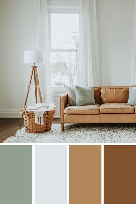 Living Room Color Scheme Ideas With Beige Couch, Sofa Colors For White Living Room, White Tan Green Living Room, Tan Leather Couches Living Room, Light Beige Living Room Ideas, Brown Green White Living Room, Color Palette With Brown Sofa, Earth Tone Small Living Room, Sage Green And Walnut Living Room