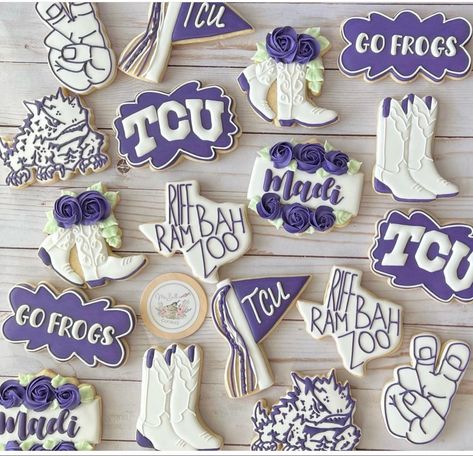 Tcu Party Decorations, Tcu Cookies Decorated, Tcu Cookies, Pink And Orange Graduation Cookies, Tcu Party, College Grad Cookies, Ecu Graduation Party, Indoor Grad Party, Tcu Graduation Party