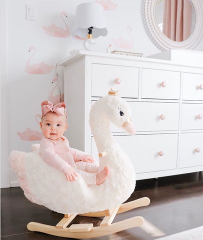 Soft Pink Nursery, Pink Nursery Ideas, Pink Nursery Rug, Swan Nursery Decor, Swan Nursery, Pink Baby Room, Nursery Rocker, Dreamy Nursery