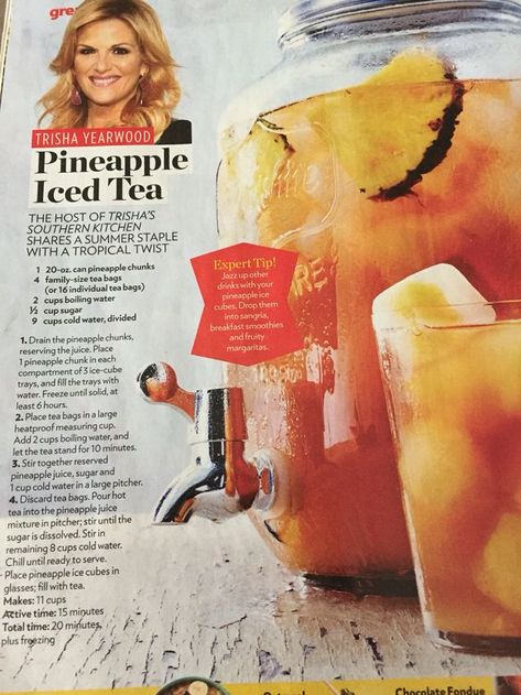 Pineapple Iced Tea Recipe, Tricia Yearwood Recipes, Trisha Yearwood Recipes, Pineapple Tea, Sweet Tea Recipes, Iced Tea Recipe, Tea Drink Recipes, Trisha Yearwood, Iced Tea Recipes