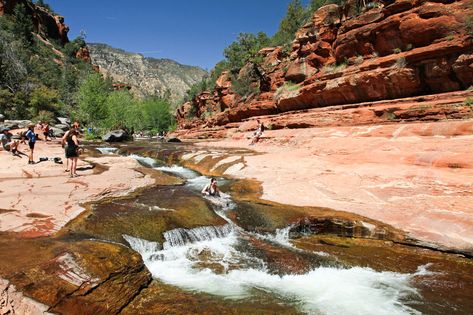 Best Natural Water Slides at Swimming Holes in America - Thrillist Nature Preschool, Natural Water Slide, Slide Rock State Park, Southwest Travel, Oak Creek Canyon, Slide Rock, Georgia Vacation, Utah Adventures, Arizona Road Trip