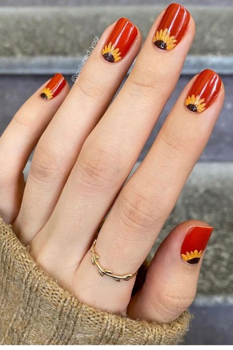 Fall Manicures, Sunflower Nail Art, Boho Nails, Half Moons, Simple Fall Nails, Sunflower Nails, Autumn Nail, September Nails, November Nails