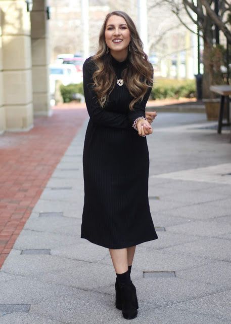 BLACK MOCK NECK MIDI DRESS | A Classy Fashionista Black Mock Neck Dress, Midi Dress, LOFT Mock Neck Dress, Monogram Necklace, Winter Outfit, Winter Dress, Black Winter Outfit, Ankle Booties Winter Dress Black, Black Mock Neck Dress, Dress Outfits Winter, Mock Neck Midi Dress, Boho Leggings, Necklaces Ideas, Trendy Dresses Summer, Black Mock Neck, Winter Dress Outfits