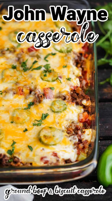 This John Wayne Casserole is an easy recipe the whole family will love! Filled with TexMex flavors and simple ingredients you'll love it! Bowl Me Over, Ground Beef And Biscuits, Beef And Biscuits, Casserole Ground Beef, Cowboy Casserole Recipe, John Wayne Casserole, Beef Pasta Recipes, Mexican Casserole Recipe, Yummy Casserole Recipes