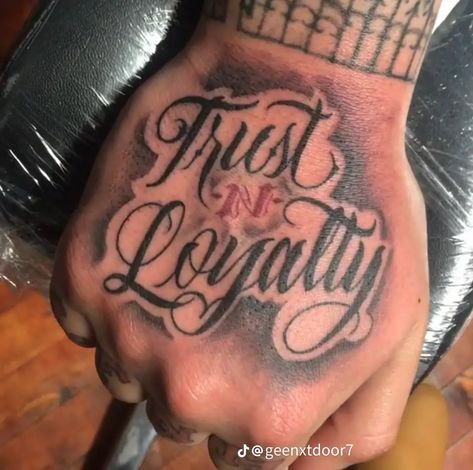 Trust No One Tattoo On Hand, Loyalty Neck Tattoo, Word Hand Tattoos For Guys, Loyalty Tattoo On Hand, Trust N Loyalty Tattoo Hand, Rx Tattoo Pharmacy, Trust N Loyalty Tattoo, Hustle Hand Tattoo, Trust No One Tattoo Design Fonts