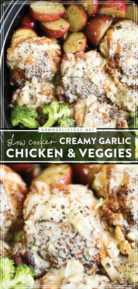 SLOW COOKER CREAMY GARLIC CHICKEN AND VEGGIES, crockpot, slow cooker recipes Chicken Potatoes And Broccoli, Potatoes Broccoli, Crockpot Chicken Thighs, Summer Crockpot Recipes, Crock Pot Potatoes, Crockpot Meal, Chicken And Veggies, Creamy Garlic Chicken, Creamy Garlic Sauce