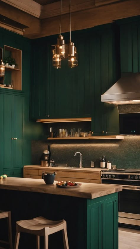 Kitchen Remodel Green, Kitchen Aesthetic Green, Green Kitchen Remodel, Kitchen Design Green, Gatsby Interior Design, Green Kitchen Wallpaper, Kitchen Cabinets Green, Kitchen Island Green, Green Kitchen Aesthetic