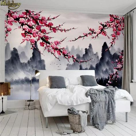 beibehang Custom wallpaper mural new Chinese ink landscape plum TV background wall papers home decor papel de parede 3d - AliExpress Modern Bedroom Wall Design, Ink Landscape, Bedroom Colour, Cheap Wallpaper, Easy Room Decor, Japanese Room, Wallpaper Interior, Wall Painting Decor, Bedroom Wall Paint