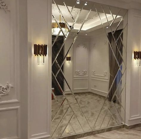 Panelling Designs Wall With Door, Mirror Wall Panelling Design, For Ceiling Designs, Hall Decor Ideas, Mirror Panelling, Mirror Wall Design, Wall Mirror Design, Bevel Mirror, Wall Mirror Decor Living Room