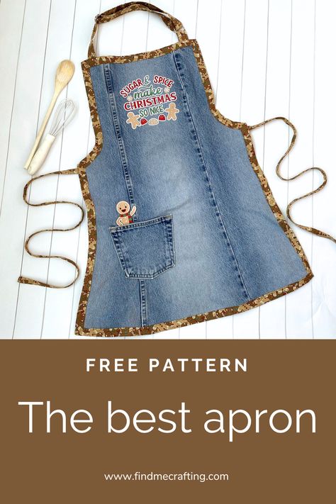 Join us at Find Me Crafting as we take you through a fun, easy-to-follow video tutorial to create the best apron ever! With our free pattern, you'll be whipping up these practical and stylish aprons in no time, perfect for everyone! Apron From Jeans Diy, Denim Apron Pattern, Quilted Aprons Free Pattern, Jean Aprons Diy Patterns, Diy Jean Apron, Denim Apron Diy Recycle Jeans Pattern, Sewing An Apron For Beginners, Aprons From Mens Shirts, Jean Apron Diy Recycled Denim