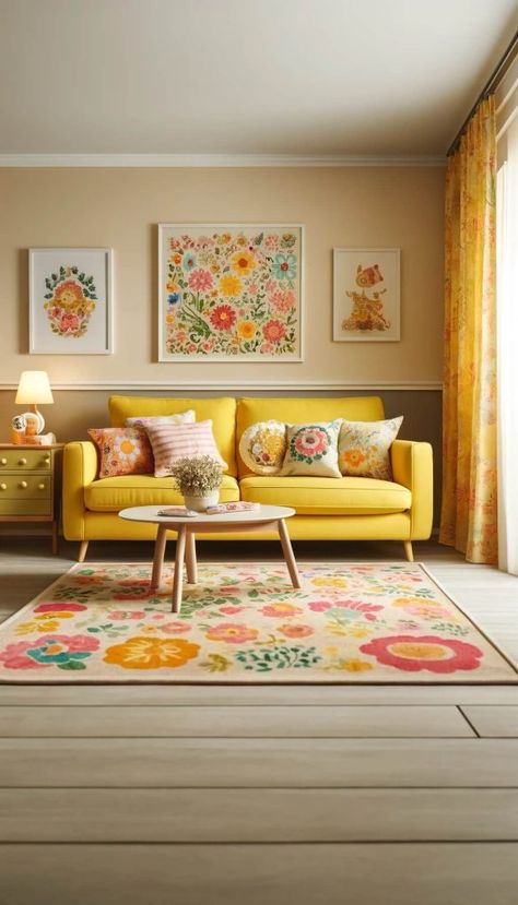 15 Beautiful Rug Colors That Make Your Yellow Couch Pop (2024) Yellow Theme Living Room Decor, Yellow Room Color, Soft Yellow Living Room, Living Room With Pop Of Color, Yellow Couch Decor, Pale Yellow Living Room, Pink And Yellow Living Room, Living Room Designs Colorful, Pops Of Color Decor