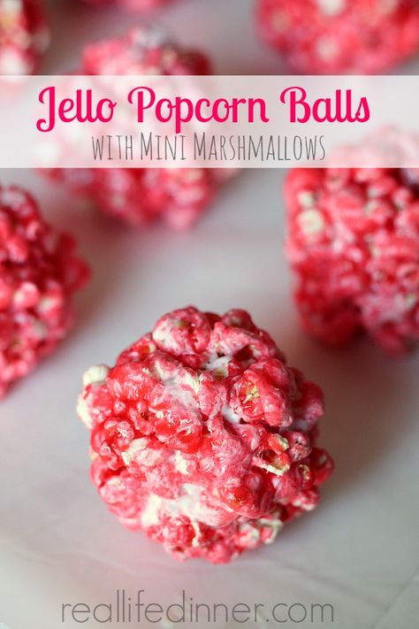 Jello Popcorn Balls with Mini Marshmallows....Perfect Valentine's Day Treat! Jello Popcorn Balls Recipe, Jello Popcorn Balls, Mini Marshmallows Recipes, Jello Popcorn, Halloween Popcorn Balls, Caramel Popcorn Balls, Cheesecake Strawberries, Popcorn Balls Recipe, Marshmallow Popcorn