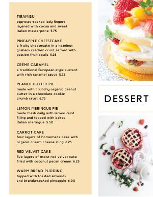 Dessert Menu Templates Your Customers Will Celebrate - MustHaveMenus Pineapple Cheesecake, Good Pie, Design Edit, Kid Desserts, Special Desserts, Desserts Menu, Peanut Butter Pie, New Menu, Pie Dessert