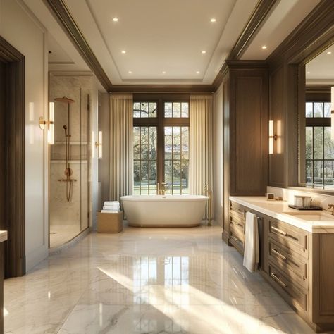 Modern Transitional Master Bath, Luxury Hotel Bathroom Master Suite, French Modern Bathroom Design, Transitional Master Bath Ideas, Luxury Bathroom Aesthetic, Modern Luxe Bathroom, Neoclassical Interior Design Luxury, Extra Large Bathroom, Interior Bathroom Design