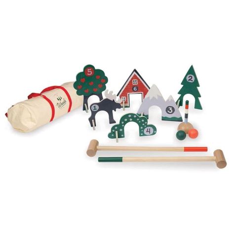 Not your everyday croquet set, the Through the Woods Chilrdren's Wooden Croquet Set from Manhattan Toy will take kids on a woodland croquet adventure! This adorable decorative croquet set takes kids through the woods, mountains, and even through a moose to get to the barn at the end of the game. Croquet Set, Imagination Toys, Plan Toys, Creative Games, Travel Storage Bag, Manhattan Toy, Developmental Toys, Play Set, Imaginative Play