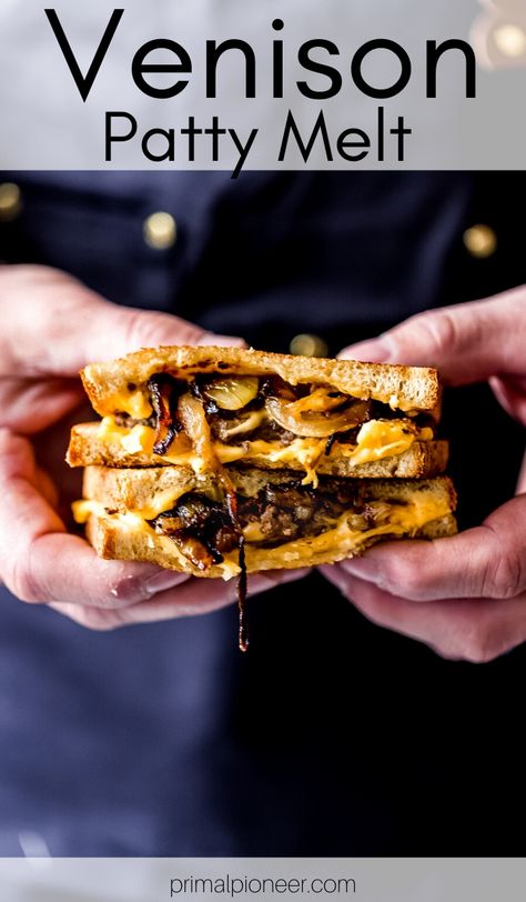 This venison patty melt is hands-down one of THE BEST sandwiches we have ever enjoyed! Juicy ground venison, topped with melty cheese and sweet Vidalia onions. Venison Queso Dip, Venison Queso, Easy Ground Venison Recipes, Venison Sliders, Ground Venison Recipes, Food Recipes Vegetarian, Patty Melt Recipe, Elk Recipes, Venison Burgers