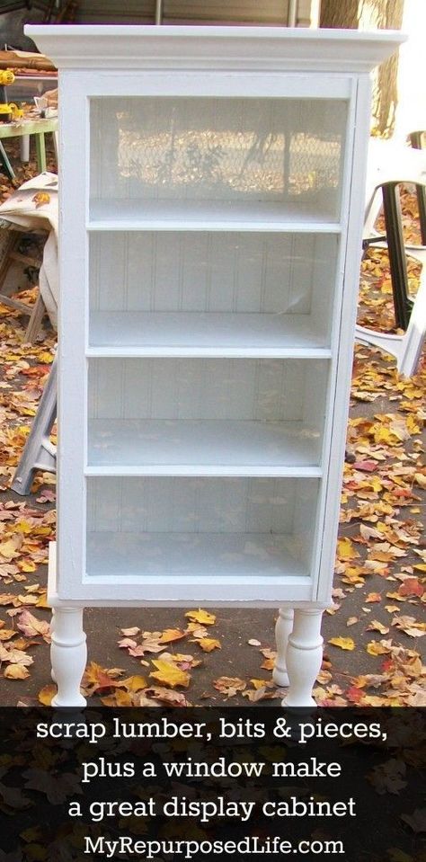 make a display cabinet out of some scrap lumber, bits/pieces, and a window by #MyRePurposedLife #repurposed #windows #cabinet Muebles Shabby Chic, Repurposed Windows, Window Projects, Old Windows, Refurbished Furniture, Redo Furniture, Book Shelf, Repurposed Furniture, Clipboard