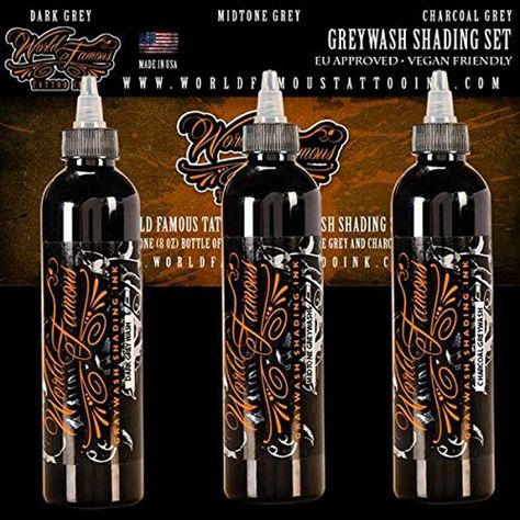 World Famous Tattoo Ink - Charcoal Greywash Set - 4oz * Find out more about the great product at the image link. (This is an affiliate link) #TattooInks Tattooing Tips, Tattoo Oil, Worldwide Tattoo, World Famous Tattoo, Black Light Tattoo, Tattoo Ink Colors, Tattoo Mistakes, Tattoo Ink Sets, Tattoo After Care