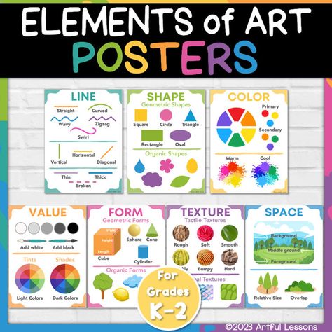 Colorful classroom posters displaying the seven elements of art, designed for elementary students, featuring simple illustrations and basic art vocabulary. Elements Of Art Posters, Elementary Art Curriculum, Community Poster, Colour Value, 7 Elements Of Art, The Elements Of Art, Basic Vocabulary, 7 Elements, Color Value