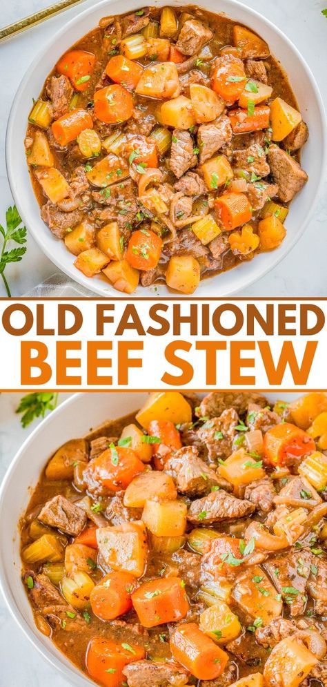 Easy Old-Fashioned Beef Stew (Stovetop Recipe) - Averie Cooks Old Fashioned Beef Stew, Beef Stew Stove Top, Beef Stew With Dumplings, Easy Beef Stew, Hearty Comfort Food, Stove Top Recipes, Slow Cooker Beef Stew, Beef Stew Meat, Carrots And Potatoes