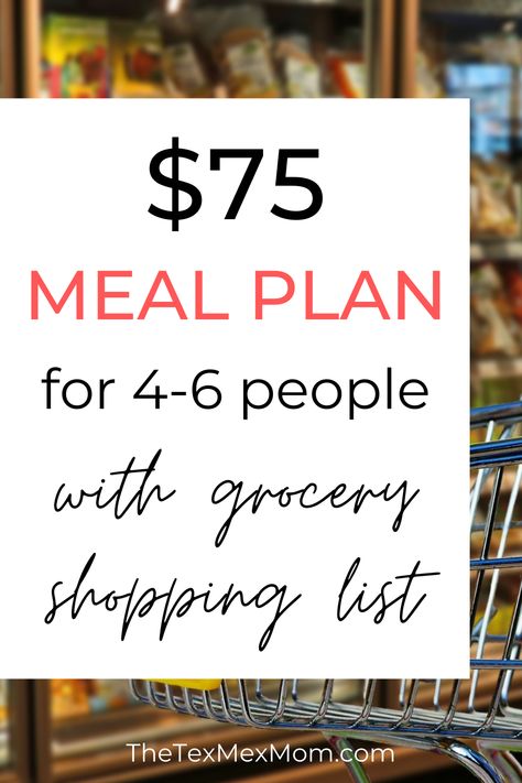 On a tight grocery budget? Feed your family for less with this $75 weekly grocery budget meal plan for a family of 4-6 people. A grocery list is included! Budget Grocery Lists, Family Grocery List, Weekly Meal Plan Family, Budget Grocery List, Cheap Meal Plans, Frugal Meal Planning, Aldi Meal Plan, Cheap Groceries, Meal Planning Menus