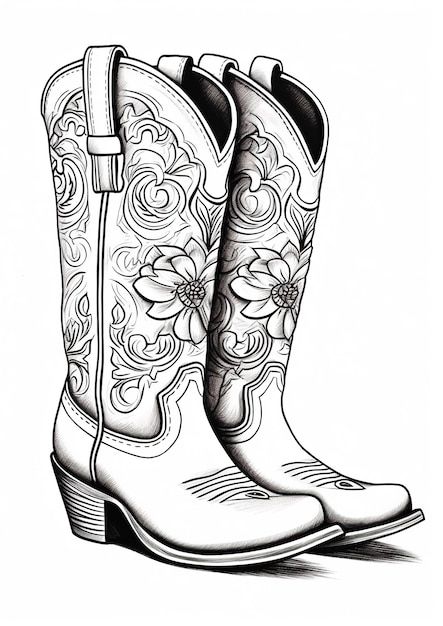 Cowboy Boots Drawing Reference, Flash Drawing Sketches, Cowboy Boots Tattoo For Women, Boot Sketch, Cowboy Boot Drawing, Western Coloring Pages, Western Art Drawings, Boots Sketch, Cowboy Coloring Pages