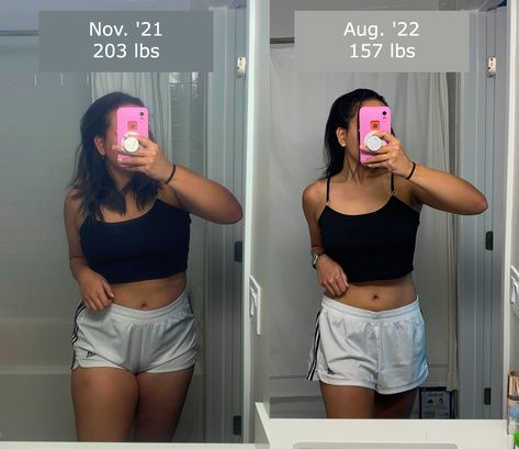 What you can see here is a progress picture showing a fat loss from 203 pounds to 157 pounds. That's an impressive loss of 46 pounds. 170 Pounds Women, Dandruff Solutions, 175 Pounds, 170 Pounds, 160 Pounds, 120 Pounds, She Did It, Lose Pounds, Progress Pictures