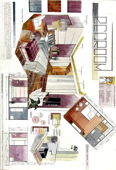 bedroom (Interior) Interior Design Plates Drawing, Bedroom Interior Design Sketch, Interior Design Sketches Bedroom, Interior Design Bedroom Drawing, Bedroom Sketch, Interior Architecture Presentation, Interior Architecture Sketch, Interior Design Portfolio Layout, Interior Design Sketchbook