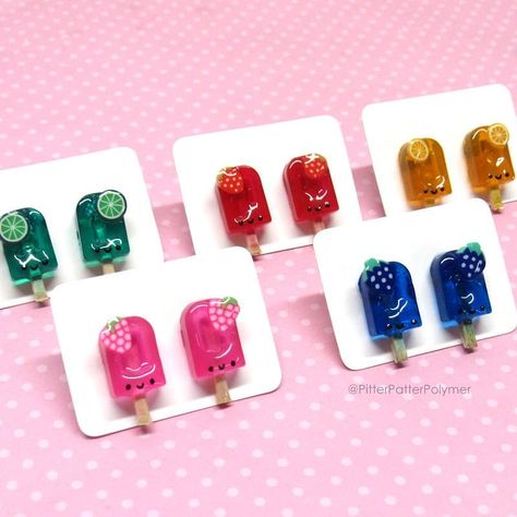 Steph | PitterPatterPolymer on Instagram: “New to the shop, happy 😊 popsicle studs! Your choice of color. . . . . . . . . . . . . . . . . #pitterpatterpolymer #fakefood #colorfulart…” Popsicle Earrings, Pink Fruit, Galaxy Cat, Cute Stud Earrings, Dinosaur Earrings, Cream Earrings, Kawaii Earrings, Food Earrings, Titanium Earrings