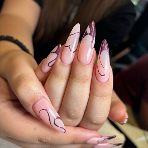 Hand drawn swirls 💫💗 #cjartistry #cjartistrygirls #softgel #nailart #nailsofinstagram #pinknaildesign #chromenailart #extensions #almondetto #nailsinspo Nail Salon Granville - Chrome Nails - Nail Art - Pink Design - Nail Appointment - Vibrant Sets - Soft Gel Extension - CJ Artistry Blooming Gel Nail Art Almond, Almondetto Nails, Futuristic Almond Nails, Almond Nails Astrology, Pink Futuristic Nails, Pink Astrology Nails, Chrome Nail Art, Gel Extensions, Pink Nail Designs