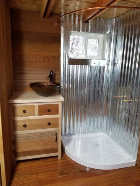 New Creation Tiny Homes Helps DIYers Achieve Their Dreams Trough Shower Ideas, 50s Apartment, Tiny Cabin Bathroom, Tiny House Shower, Swamp Shack, Rustic Cabin Bathroom, Forest Bathroom, Tiny Home Bathrooms, Rustic Bathtubs