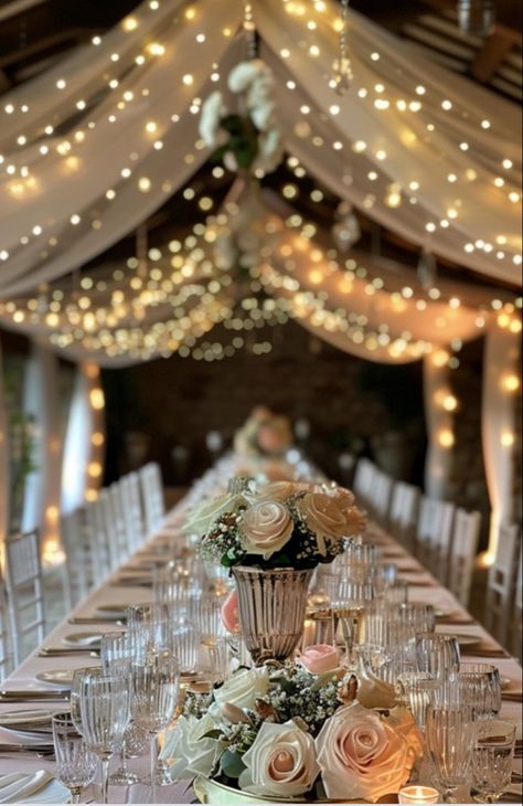 Romantic wedding breakfast setting with fairy lights Wedding Fairy Lights, Breakfast Setting, Reception Styling, Wedding Fairy, Fairy Lights Wedding, Lighted Centerpieces, Dream Beach Wedding, Dream Wedding Decorations, Lights Wedding