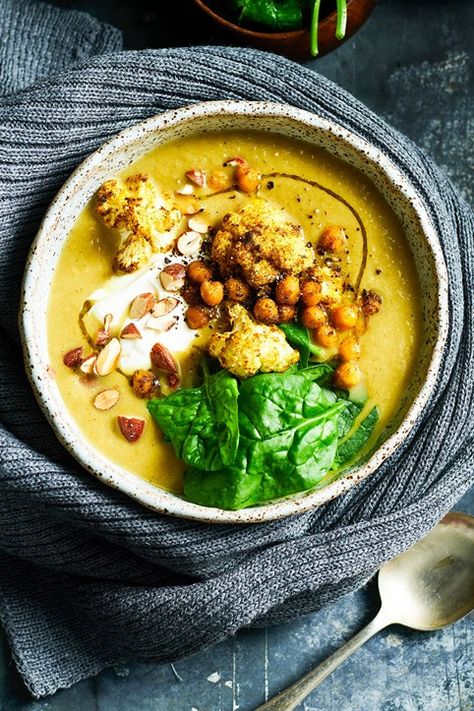 Soup Cauliflower Recipes, Cauliflower Chickpea Soup, Fancy Soup Recipes, Pumpkin Cauliflower Soup, Cauliflower And Chickpea Soup, Chickpea Curry Soup, Curried Chickpea Soup, Curried Cauliflower And Chickpeas, Coconut Curry Chickpeas With Pumpkin