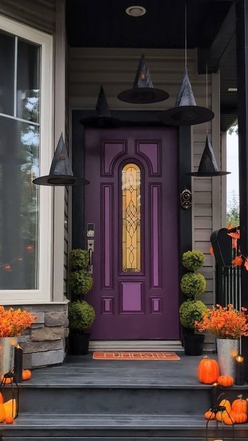 Witch Door, Purple Doors Front House, Black House With Purple Door, Purple Front Door Red Brick, Purple Front Door, Dark Purple Door, Purple Entry Door, Witchy Purple Front Door, Stained Glass Door Goth