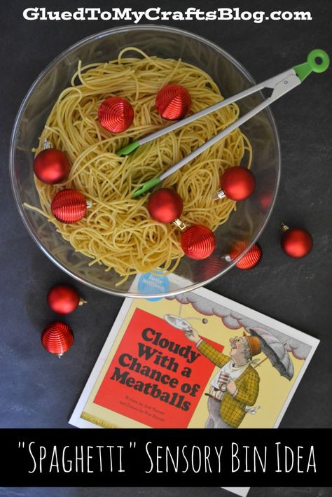 Spaghetti Sensory Bin Idea {Cloudy With a Chance of Meatballs} Pumpkin Guts Sensory, Spaghetti Craft, Pumpkin Sensory Bin, Pumpkin Sensory, Perfect Spaghetti, Pumpkin Guts, Weather Theme, Sensory Table, Red Ornaments