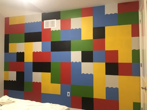 LEGO wall for kids room Painted Lego Wall, Lego Wall Painting Ideas, Lego Painted Wall, Lego Wall Mural, Lego Wall Decor, Boys Lego Bedroom, Lego Mural, Brothers Bedroom, Wallpaper For Bedroom Walls