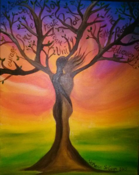 Live painting by DeMeria SeGuan Love Artwork Romantic Drawing Easy, Mother Nature Painting Easy, Healing Paintings Easy, Tree Of Life Painting Easy, Spiritual Painting Ideas, Spiritual Paintings Easy, Romantic Sunset Painting, Tree Canvas Art, Illusion Paintings